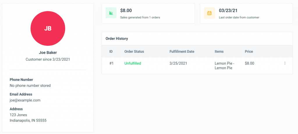 screenshot of customer account in OrderNova